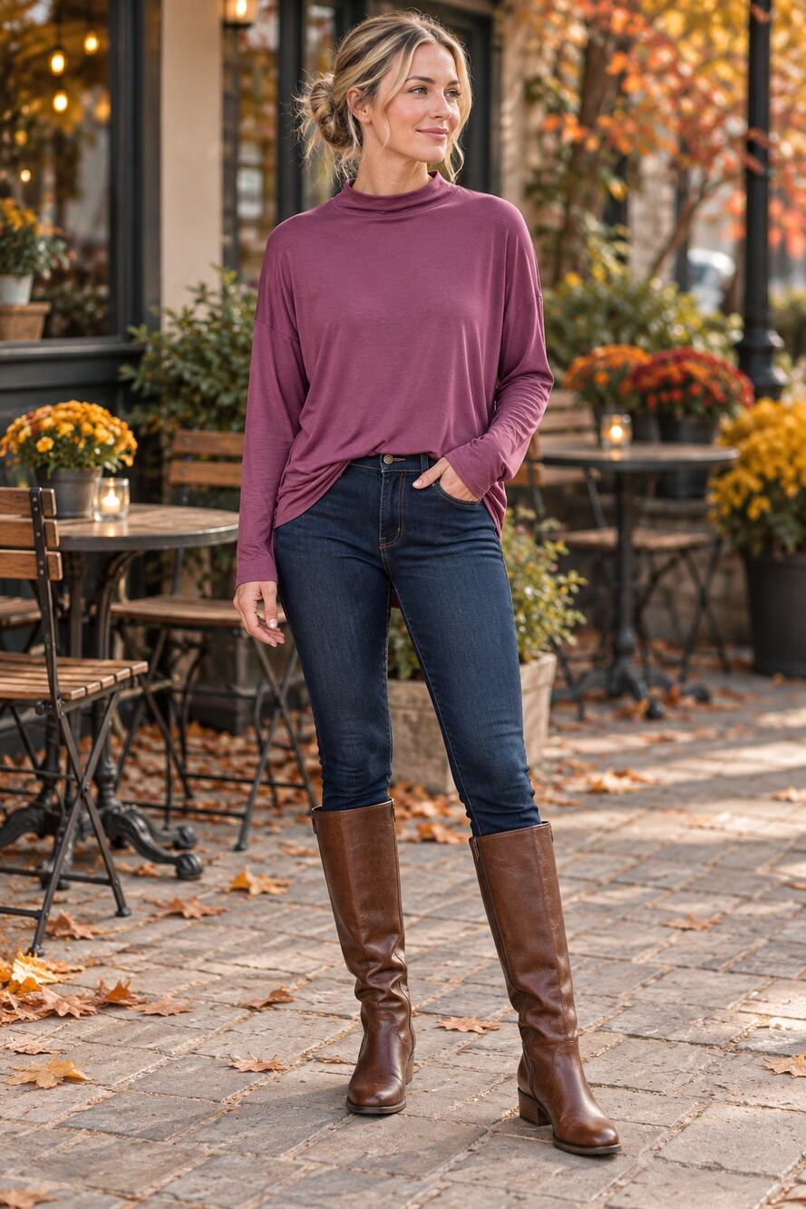 Berry Plum Mock Neck Top Small Modal Stretch Minimalist Long Sleeve